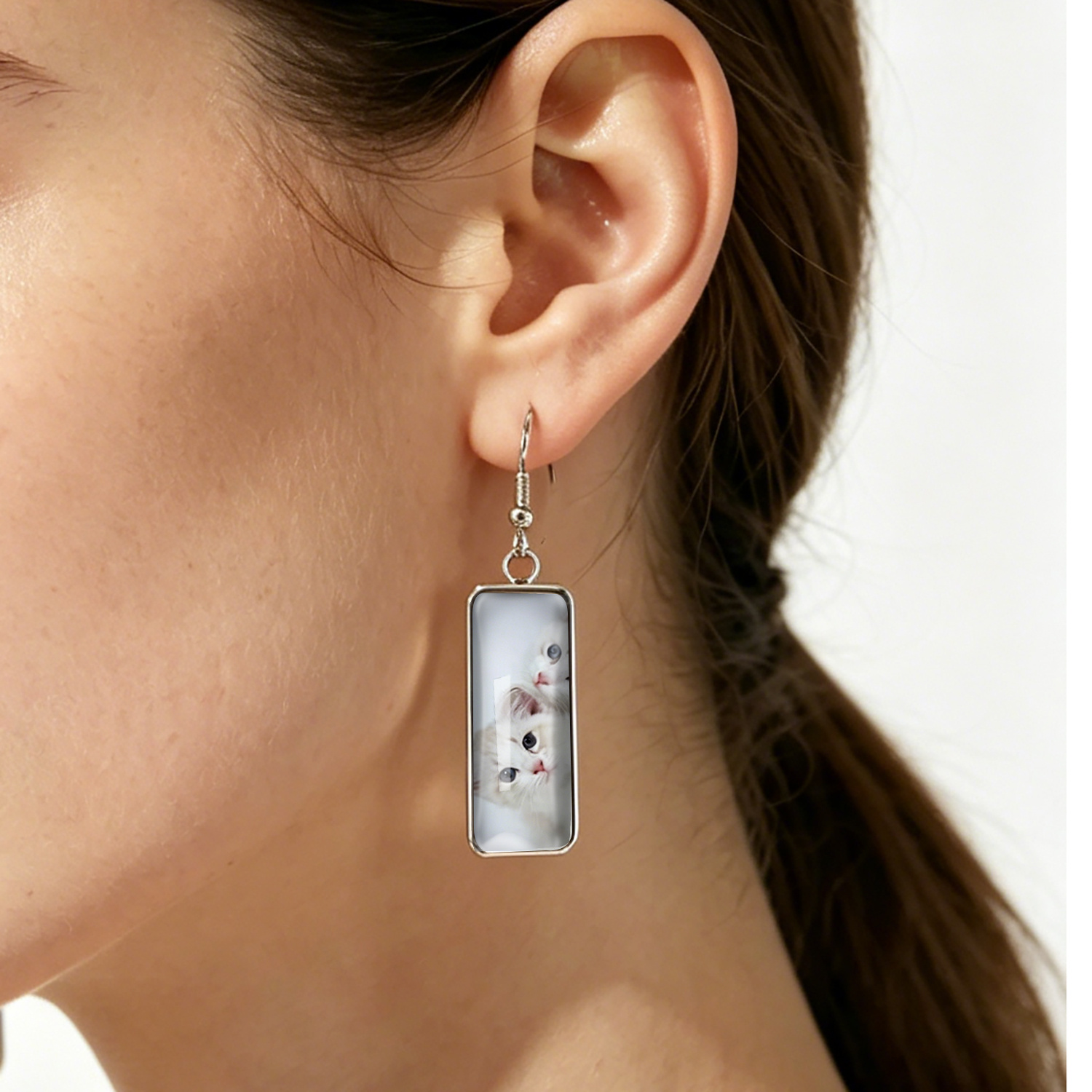 Cute White Kitten Rectangular Ear Hooks, Girly Jewelry